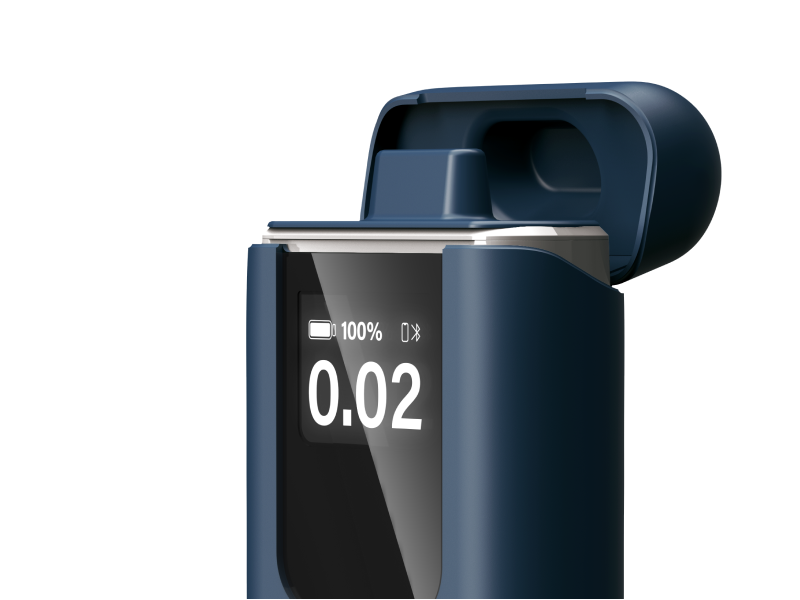 An angled view of the keeper breathalyzer device with the lid open.